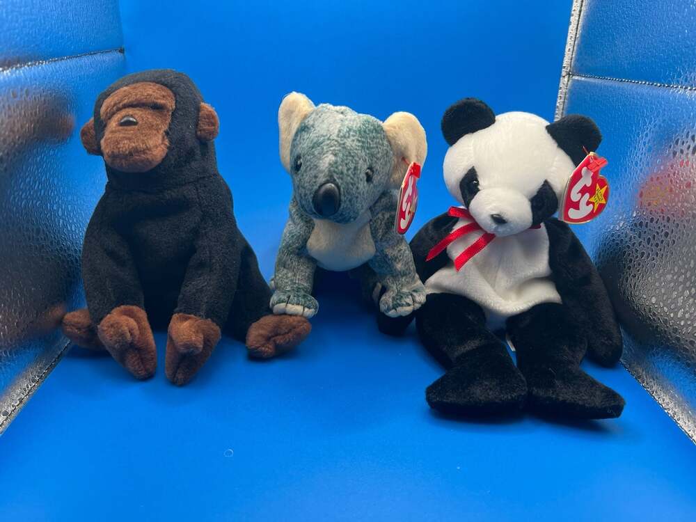 Vintage Ty Beanie Baby 3-Piece Jungle Bundle - Panda, Koala & Monkey Plush